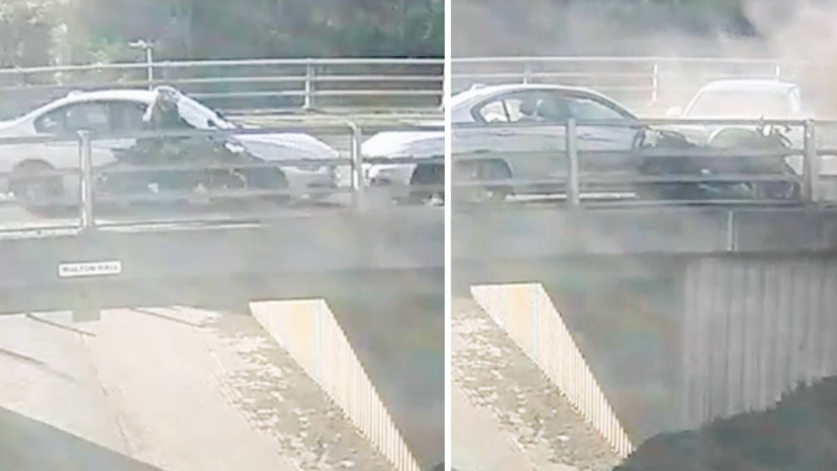 Shocking moment motorcyclist catapults into air and off bridge - as BMW ...
