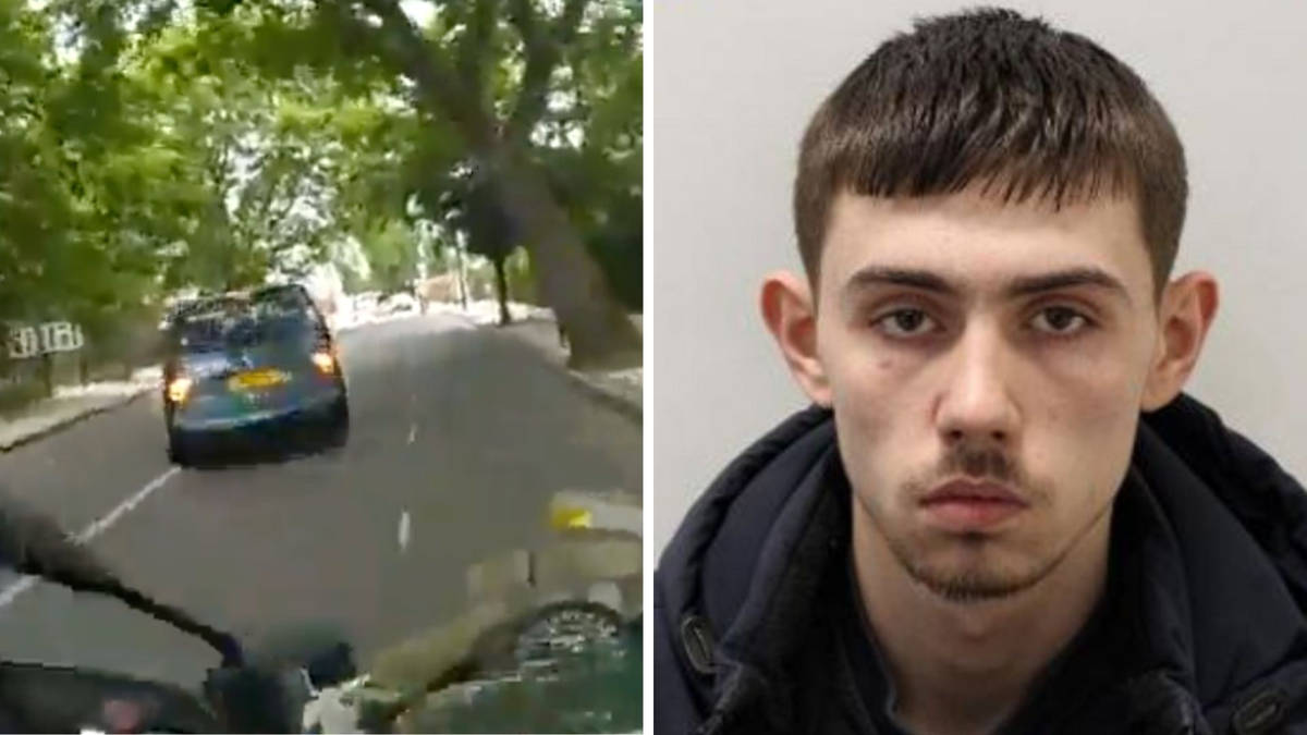 Moment teenage car thief rams police officer off motorbike during chase ...